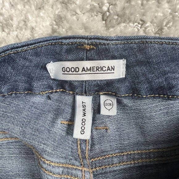 Good American Jeans 2/26 Good Waist Denim Blue Stretch Distressed Raw Hem Skinny - Picture 6 of 12